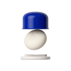 A close-up of a small personal care product with a glossy cobalt blue cap, a smooth off-white oval central piece embossed with a lowercase 'b', and a white bristle base, shown against a solid black background.