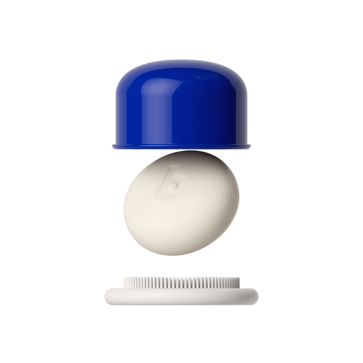 A close-up of a small personal care product with a glossy cobalt blue cap, a smooth off-white oval central piece embossed with a lowercase 'b', and a white bristle base, shown against a solid black background.