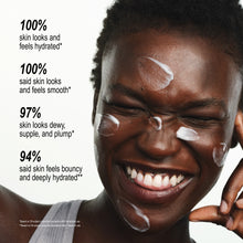 Close-up of a smiling woman with white cream products on her face against a white background, with text on the left claiming hydration and smooth skin benefits.