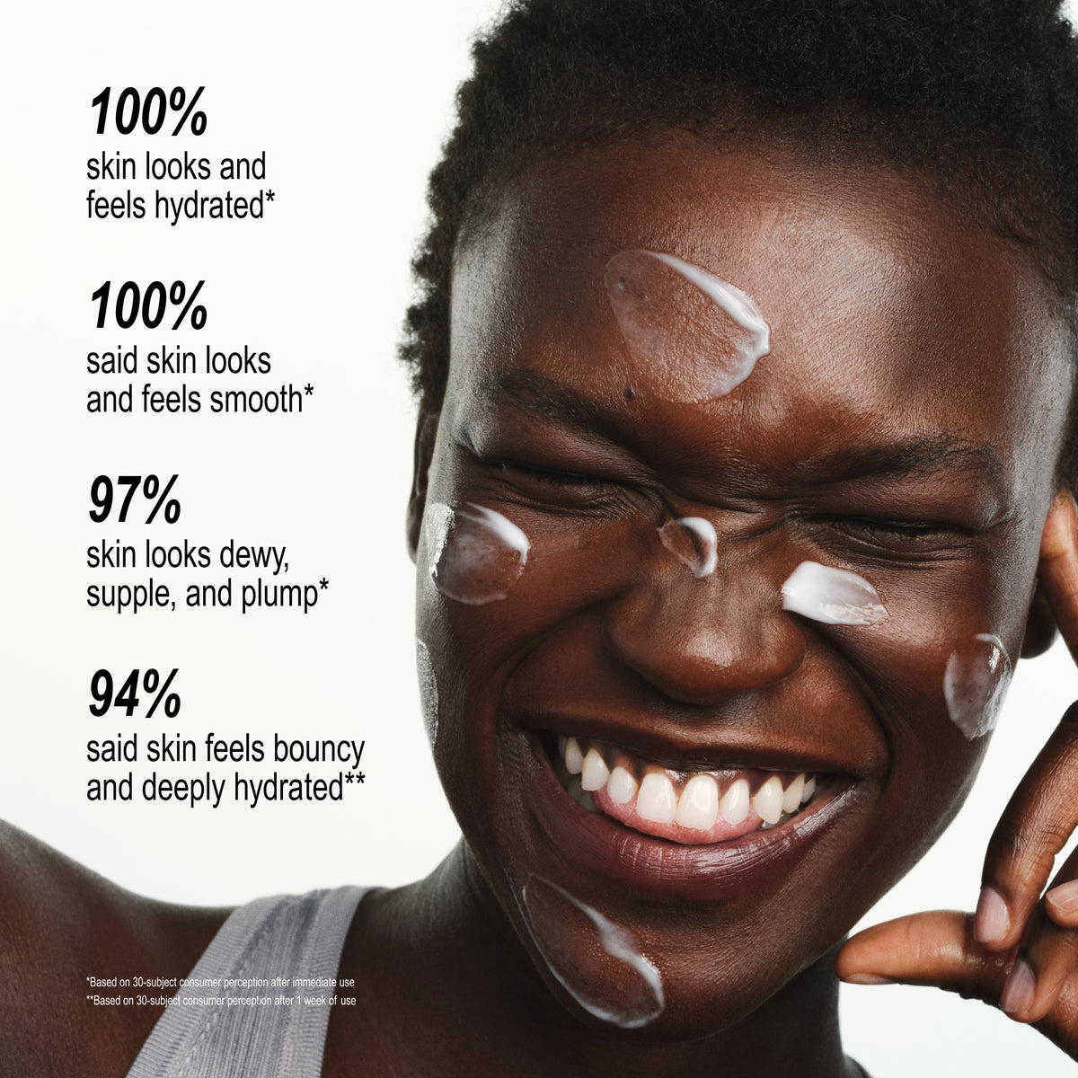 Close-up of a smiling woman with white cream products on her face against a white background, with text on the left claiming hydration and smooth skin benefits.