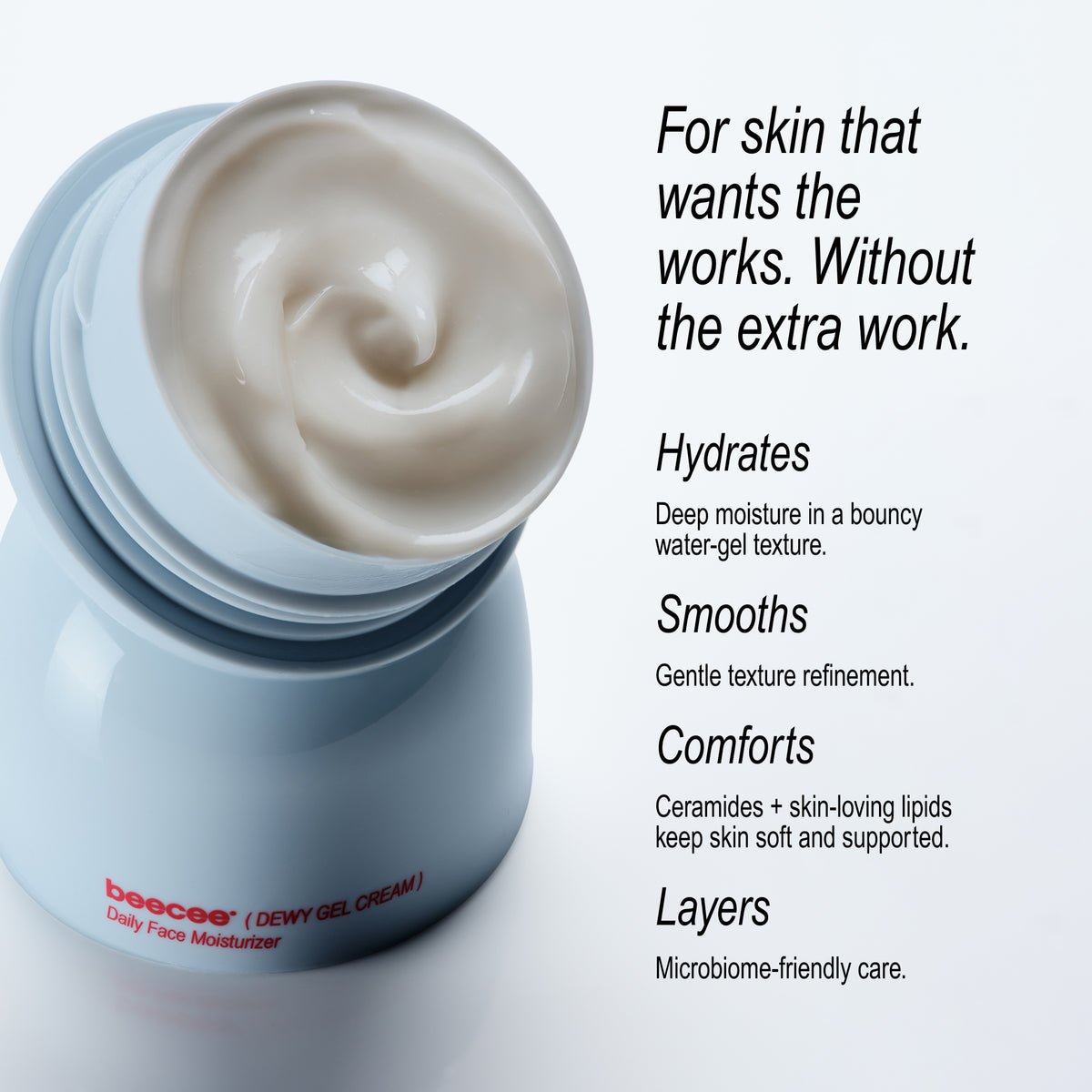 An open jar of beecee Daily Face Moisturizer showing a swirled cream inside, with marketing text on a clean white background.