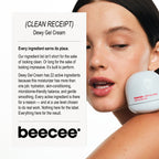 A close-up of a woman applying or using Beecee Dewy Gel Cream from a white round tube, with a large text panel on the left describing the clean receipt and product details.