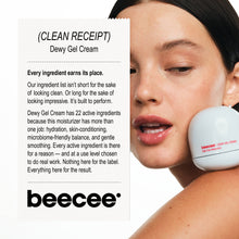 A close-up of a woman applying or using Beecee Dewy Gel Cream from a white round tube, with a large text panel on the left describing the clean receipt and product details.