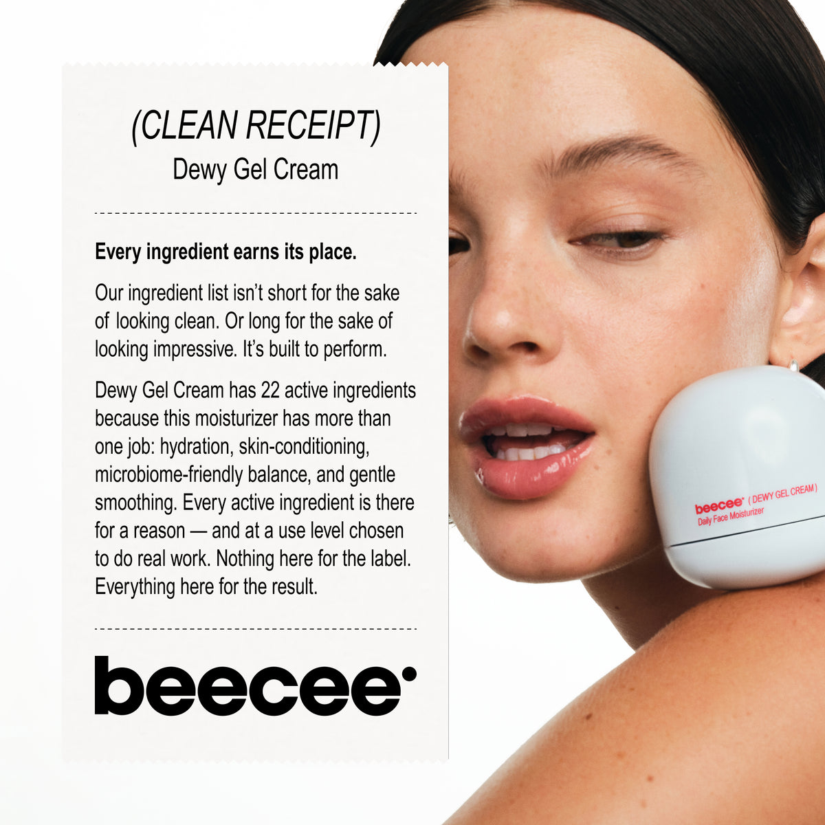 A close-up of a woman applying or using Beecee Dewy Gel Cream from a white round tube, with a large text panel on the left describing the clean receipt and product details.