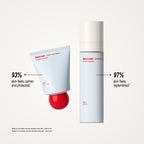 Two skincare products from beecee on a light gray background: a light blue tube of Everything Balm with a red cap and a light blue bottle of Superfine Mist with a white cap. Text highlights product claims: '93% skin feels calmer and protected' next to the tube and '97% skin feels replenished' next to the bottle.