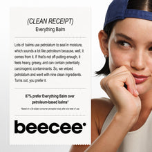 A promotional graphic for Beecee Everything Balm, featuring a close-up of a woman wearing a navy blue cap on the right and a text panel on the left explaining the brand's clean ingredient approach. The text highlights the removal of petroleum and the preference for 9 clean ingredients.