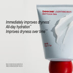 A white squeeze tube of beecee Everything Balm Multi-Purpose Salve with a smear of white balm on the side, set against a light gray background with bold black promotional text.