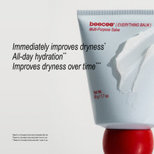 A white squeeze tube of beecee Everything Balm Multi-Purpose Salve with a smear of white balm on the side, set against a light gray background with bold black promotional text.