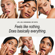 A promotional skincare collage with six close-up photos of women applying or touching their face, plus text reading 'LIPS, LIDS, CHEEKBONES, DRY SPOTS.' and 'Feels like nothing.