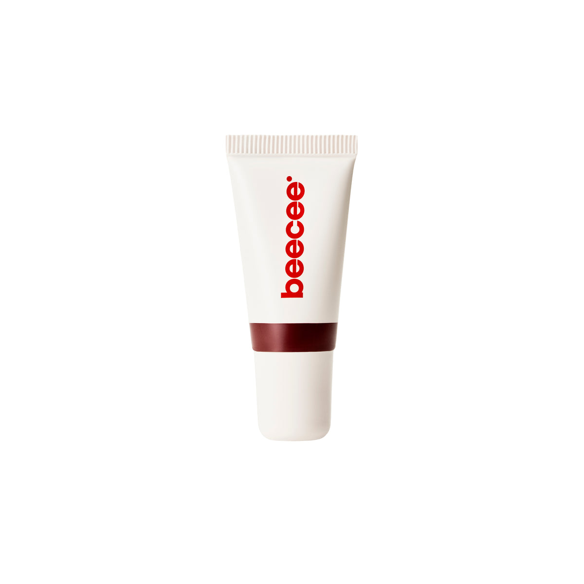 A white squeeze tube of beecee lip gloss with a dark red band and red brand name, centered on a plain white background.