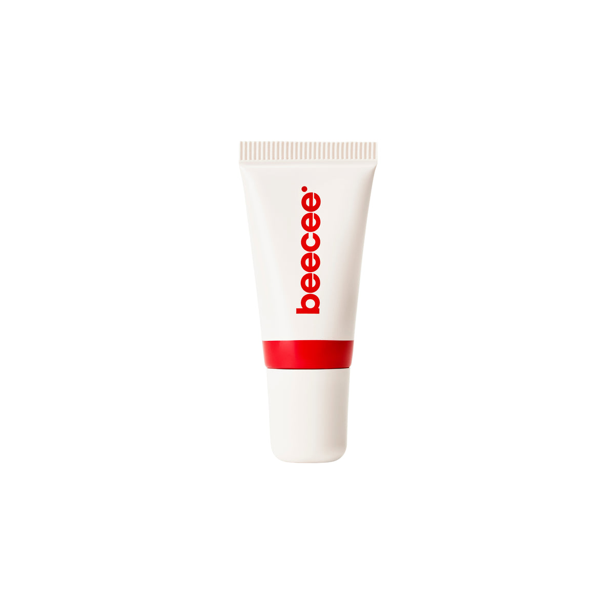 A white squeeze tube of beecee lip gloss with a red logo and a red accent band, centered on a plain white background.
