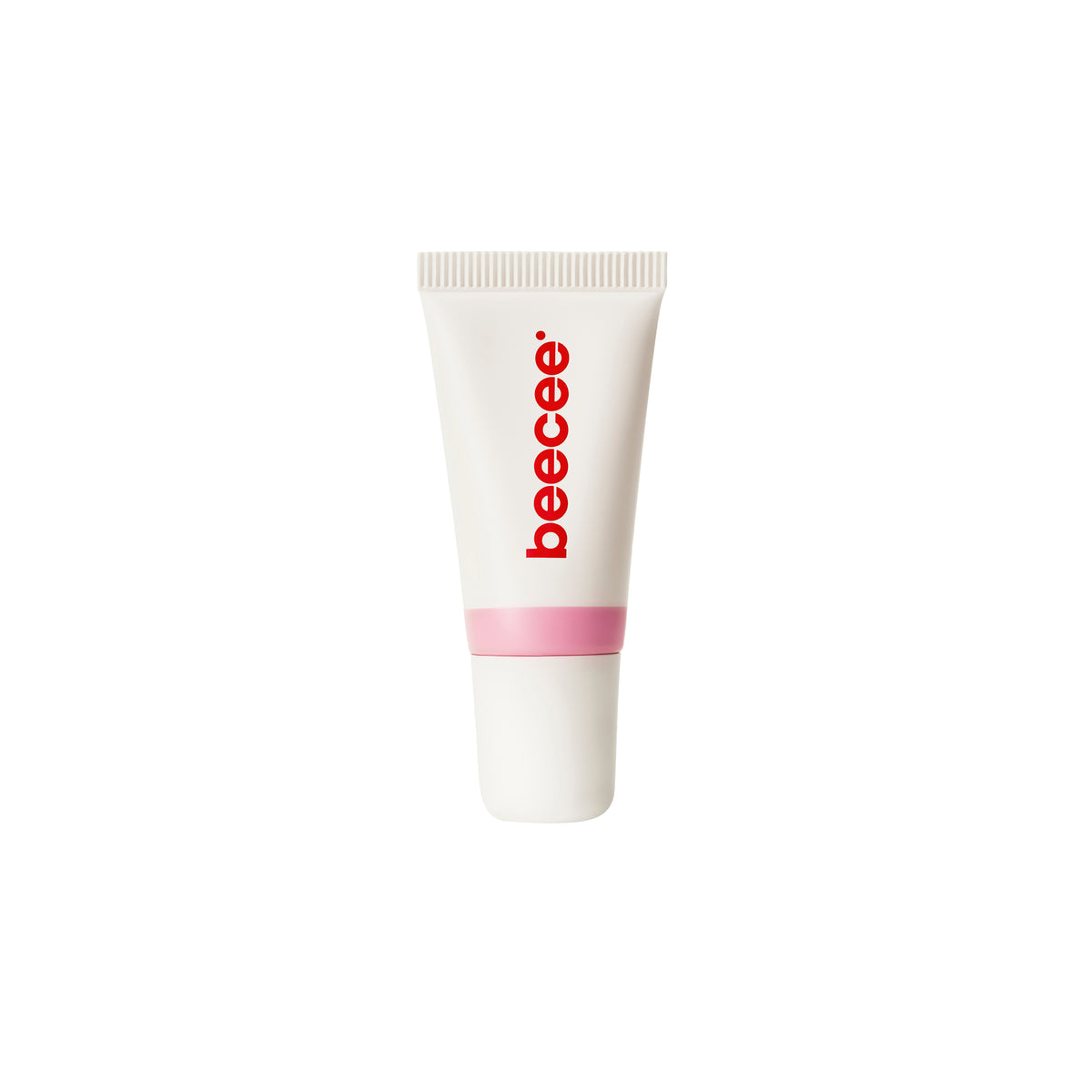 A white squeeze tube of beecee lip gloss with a pink band and red brand name, centered on a plain white background.