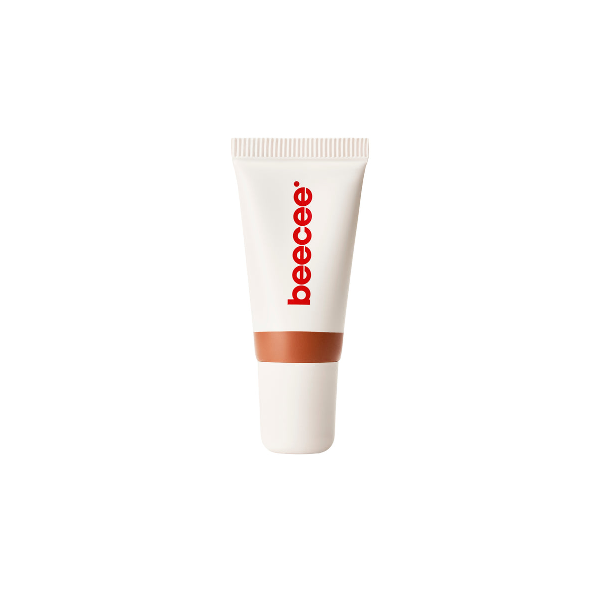 A white squeeze tube of beecee lip gloss with a red vertical logo and a brown band near the base, centered on a plain white background.
