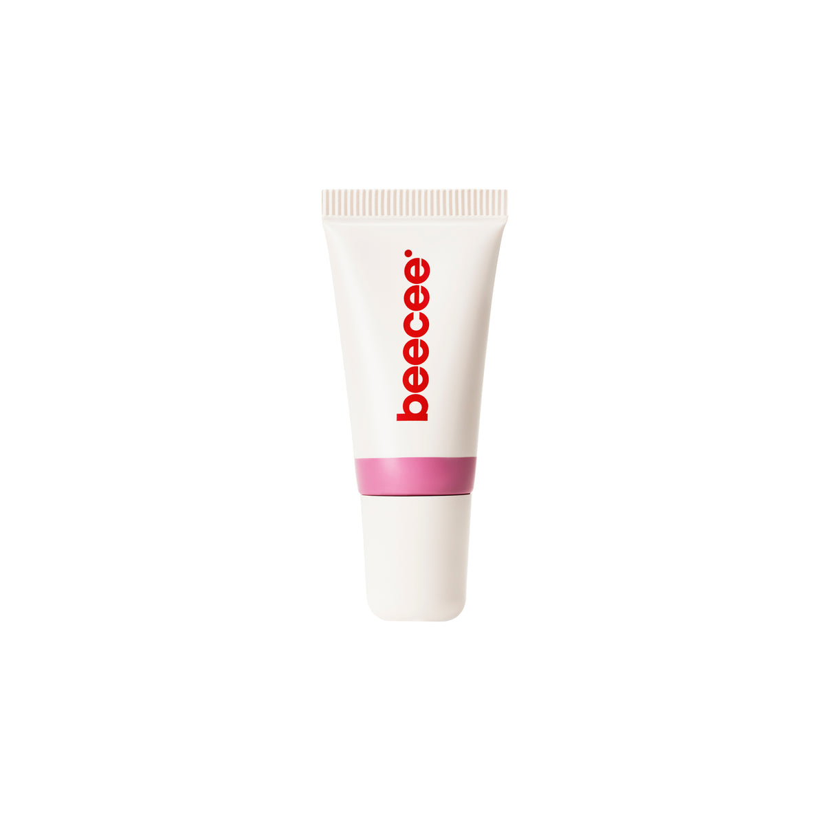 A white squeeze tube of beecee lip gloss with a pink band and red brand name, centered on a plain white background.