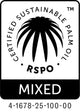 A black and white RSPO Certified Sustainable Palm Oil badge with a palm tree icon and the word 'MIXED' on a white background.