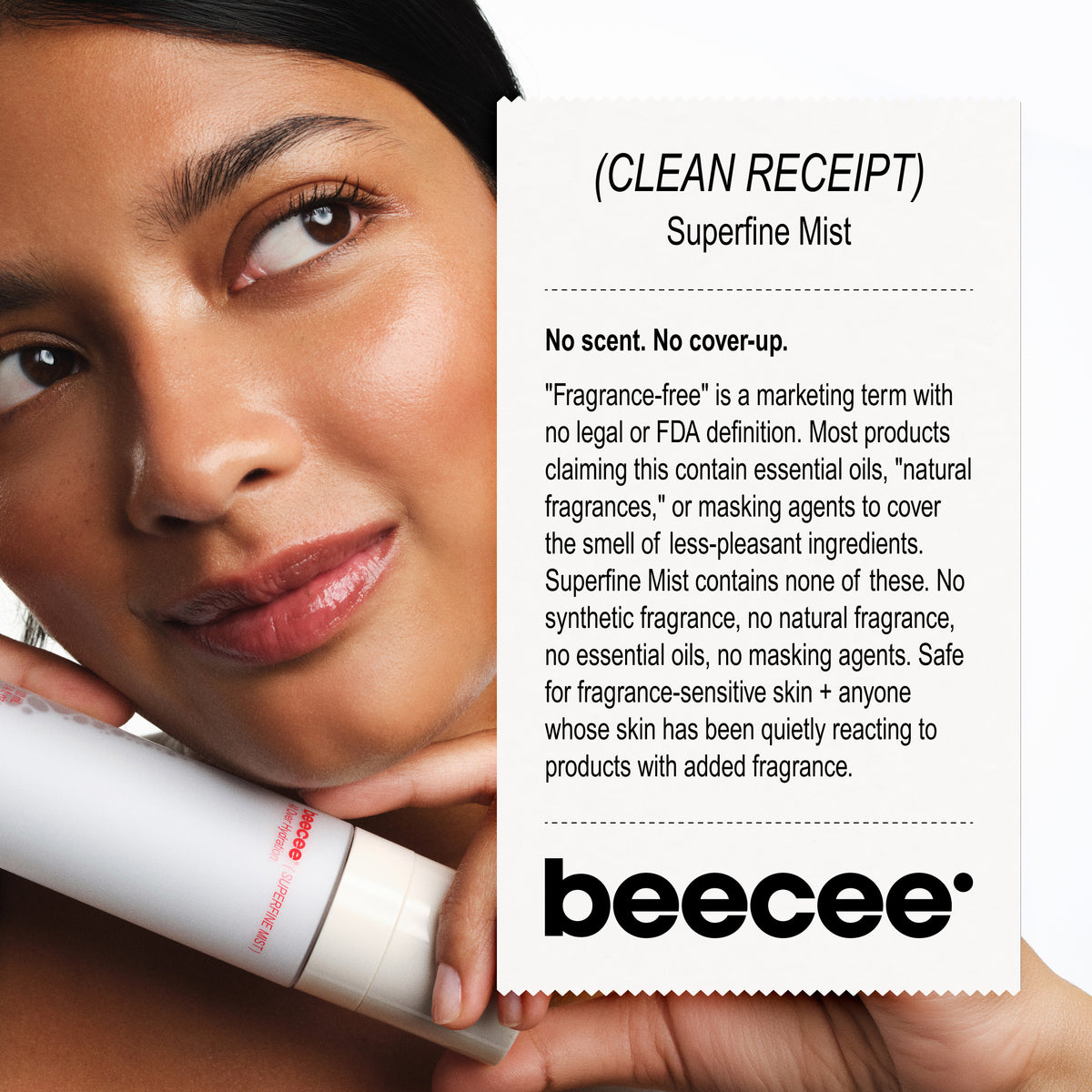 A close-up of a woman holding a white Beecee Superfine Mist spray bottle next to a white informational card explaining the fragrance-free formula, on a black background.