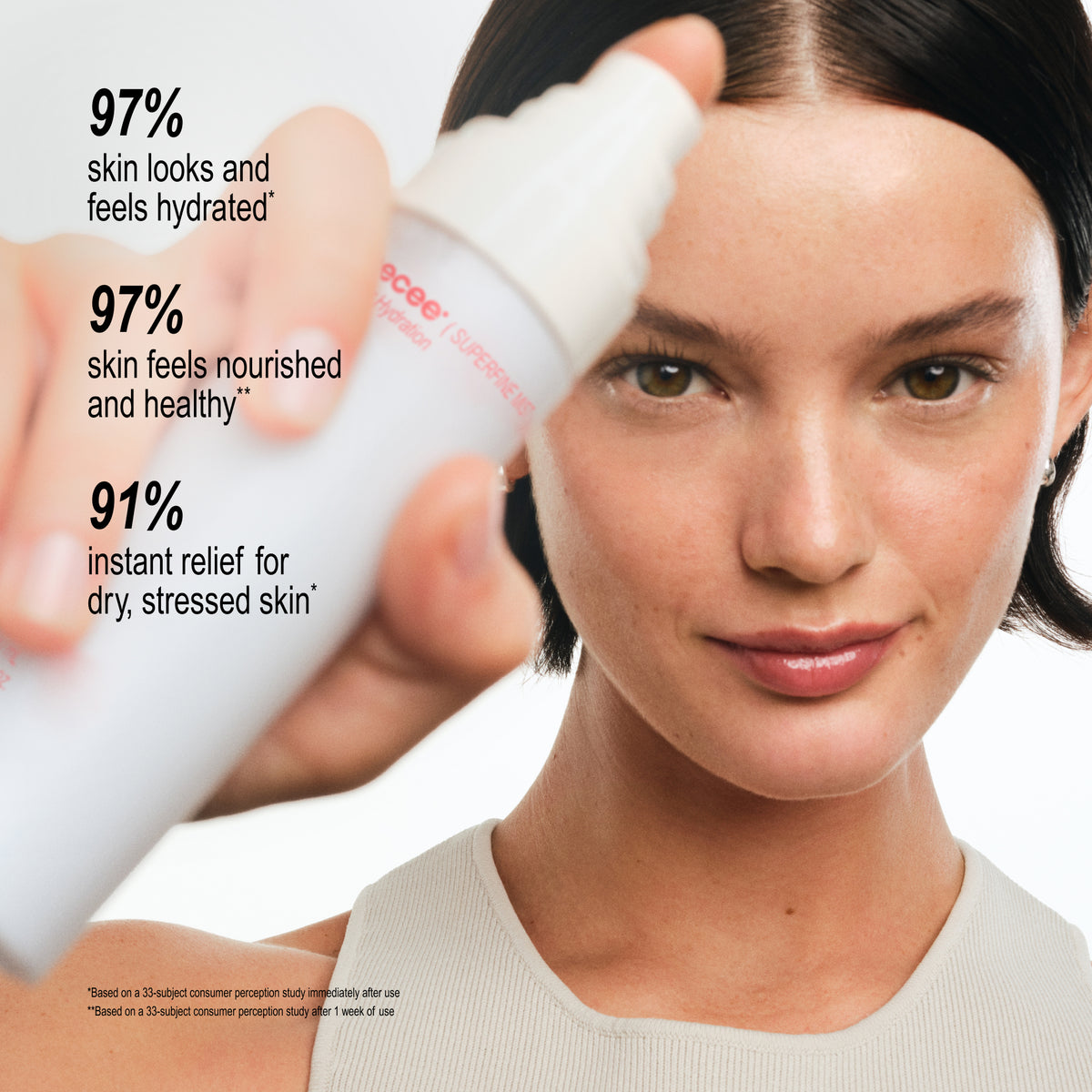 A close-up lifestyle shot of a woman applying a white skincare product from a pump bottle to her forehead. The image features three text callouts on the left detailing skin benefits: '97% skin looks and feels hydrated', '97% skin feels nourished and healthy', and '91% instant relief for dry, stressed skin'.