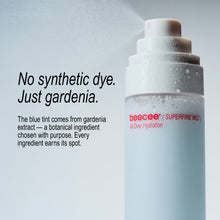 A close-up of a beecee Superfine Mist spray bottle with water droplets spraying from the nozzle, set against a light gray background with promotional text on the left.