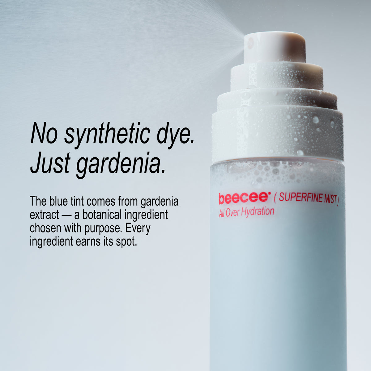A close-up of a beecee Superfine Mist spray bottle with water droplets spraying from the nozzle, set against a light gray background with promotional text on the left.