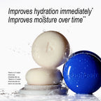 Two beecee skincare products shown in a water-splash studio setup: a round soap bar product on a white applicator base and a blue soap case with embossed branding. Large text at the top reads, 'Improves hydration immediately.