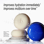 Two bbbbon skincare products shown in a water-splash studio setup: a round beige cream product on a white applicator base and a blue round product with embossed branding. Large text at the top reads, 'Improves hydration immediately.