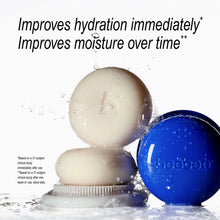 Two bbbbon skincare products shown in a water-splash studio setup: a round beige cream product on a white applicator base and a blue round product with embossed branding. Large text at the top reads, 'Improves hydration immediately.