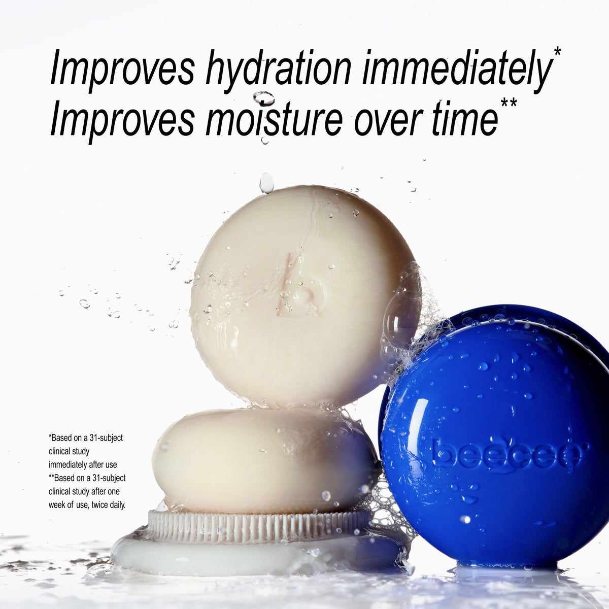 Two bbbbon skincare products shown in a water-splash studio setup: a round beige cream product on a white applicator base and a blue round product with embossed branding. Large text at the top reads, 'Improves hydration immediately.