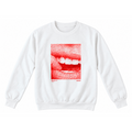 A white crewneck sweatshirt featuring a square graphic print of a red and white close-up of lips and teeth, displayed on a clean white background.