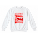 A white crewneck sweatshirt featuring a square graphic print of a red and white close-up of lips and teeth, displayed on a clean white background.