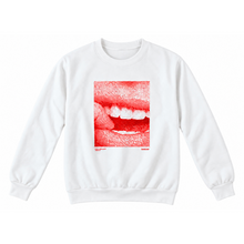 A white crewneck sweatshirt featuring a square graphic print of a red and white close-up of lips and teeth, displayed on a clean white background.