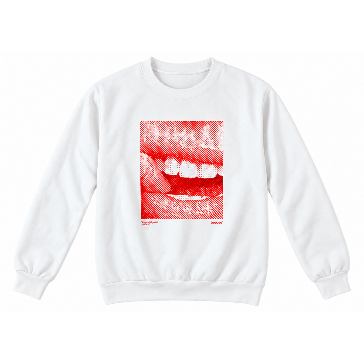 A white crewneck sweatshirt featuring a square graphic print of a red and white close-up of lips and teeth, displayed on a clean white background.