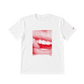 A white short-sleeve crewneck T-shirt featuring a red halftone graphic of a close-up smiling mouth. The beecee logo is printed in red below the graphic and on the left sleeve.