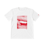 A white short-sleeve crewneck T-shirt featuring a red halftone graphic of a close-up smiling mouth. The beecee logo is printed in red below the graphic and on the left sleeve.
