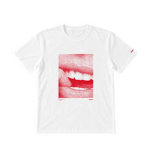 A white short-sleeve crewneck T-shirt featuring a red halftone graphic of a close-up smiling mouth. The beecee logo is printed in red below the graphic and on the left sleeve.