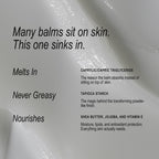 Video of the everything balm being spread with text overlay talking about the ingredients that set the beecee balm apart and helps it sink in nicely. 