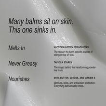 Video of the everything balm being spread with text overlay talking about the ingredients that set the beecee balm apart and helps it sink in nicely. 