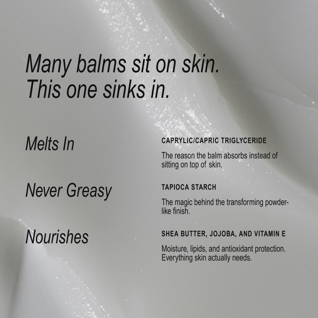 Video of the everything balm being spread with text overlay talking about the ingredients that set the beecee balm apart and helps it sink in nicely. 