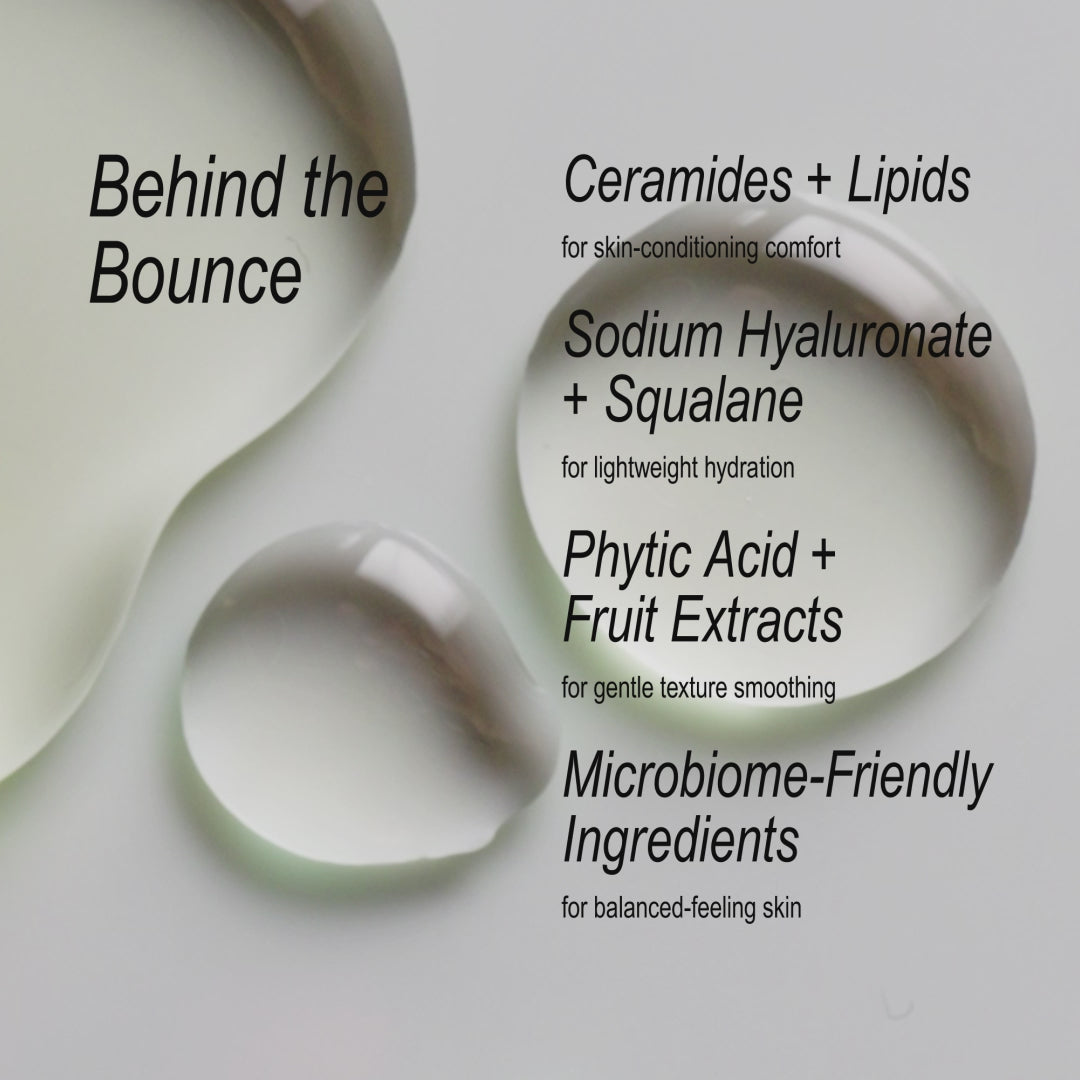Video of drops of oil with text overlay describing the ingredients in the dewy gel cream behind the positive effects. 